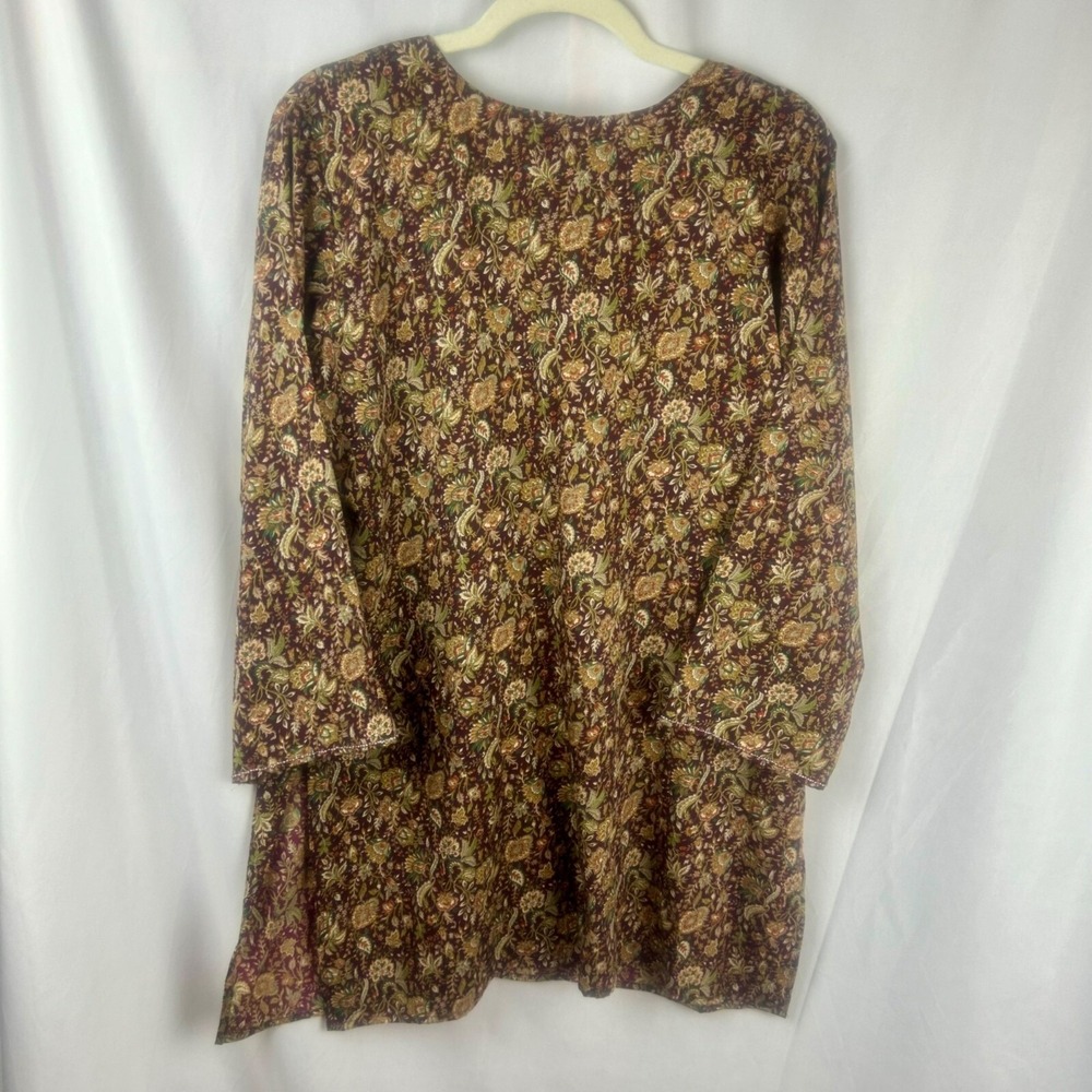 NEW Camie Floral Silk Tunic Blouse Women XL Red Tan Beaded Made in India Paisley - Picture 7 of 8